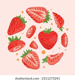 Strawberries in a round frame. Fruits whole and cut into slices. Vector illustration. Suitable for print, social media and backdrops.