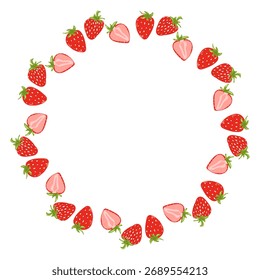 Strawberries round frame on white background. Vector sweet berry dessert hand drawn illustration for packaging design, labels, menu, branding
