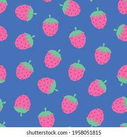 Strawberries seamless background blue. Repeating vector strawberry pattern. Scandinavian style cute summer fruit surface pattern design for fabric, wallpaper, packaging, kids wear.