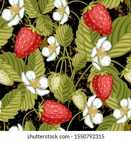 Strawberries in seamless black background. Drawing of berries and flowers with leaves.