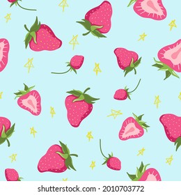 Strawberries seamless hand drawn vector pattern with light blue background. Colorful doodle wallpaper. Pink and green print
