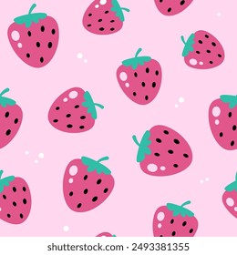 Strawberries seamless pattern, background. Cute simple illustration in flat cartoon style.