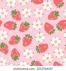 Patrón de fresas sin mar. Berry y Flor de fresa. Fondo rosado del vector Berries. Papel tapiz de fruta. Excelente para textiles, papel de embalaje, embalaje, etc.