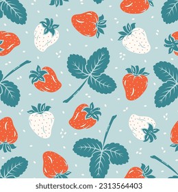 Strawberries Seamless Pattern. Berry and Leaf of Strawberry. Berries Vector Background. Fruit Wallpaper. Great for Textile, Wrapping Paper, Packaging etc.