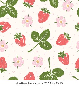 Strawberries Seamless Pattern. Berry, Leaf and Flower of Strawberry. Berries Background. Fruit Wallpaper. Great for Wrapping Paper, Packaging etc. Vector Illustration