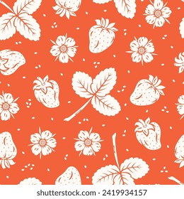 Strawberries Seamless Pattern. Berry, Leaf and Flower of Strawberry. Berries Red Background. Fruit Wallpaper.  Vector Illustration