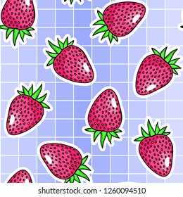Strawberries seamless pattern. Blue background. Cartoon, comic style. Cute, kawaii wallpaper.	