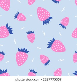 Strawberries seamless pattern. Cute and simple summer background. Suitable for kids' projects. Vector illustrations in pink and blue colors. 