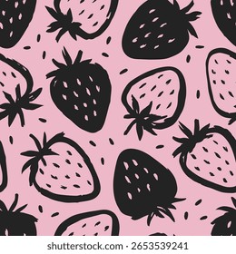 Morangos padrão sem emenda de formas de amora preta desenhadas à mão em um fundo rosa lúdico. Moderna textura de fruta pincelada. Tecido, comida natural, infinita ilustração de impressão. 