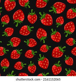 Strawberries Seamless Pattern on Black Background. Vector