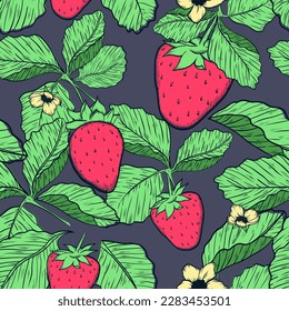 strawberries seamless pattern on dark background. hand drawn pattern. fruit illustration.