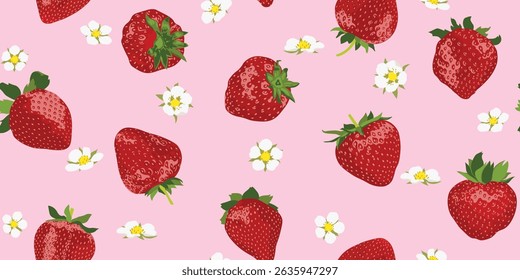 Strawberries seamless pattern on pink background. Red strawberry and white strawberry flower vector design for fabric, paper, wallpaper, decoration, wrapping, other use. Strawberry fruit and blossom