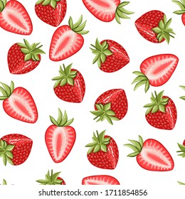 
Strawberries seamless pattern on a white background. Vector illustration. Fresh berries. Suitable for textile, packaging, scrapbooking, wallpaper, magazine, book, card, menu cover, web page.