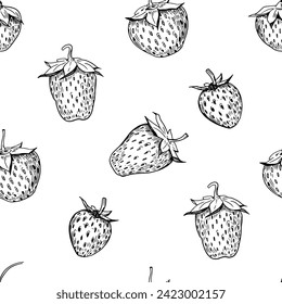 Strawberries, seamless pattern,  realistic sketches, vector illustrations, hand drawn, black outline on a transparent background