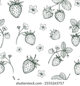 Strawberries, seamless pattern,  realistic sketches, vector illustrations, hand drawn, black outline on a transparent background