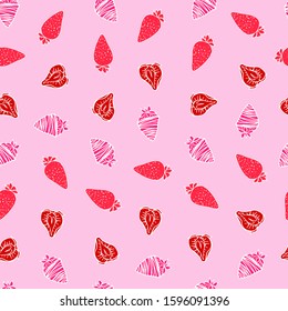 Strawberries seamless pattern for Valentine's Day. Hand drawn. Pink background. Good for gift wrapping. Vector stock illustration.