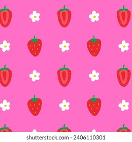 Strawberries seamless pattern vector background. Cute cartoon flat style strawberries and flowers on pink background. Surface pattern for print on fabric, packages and products.