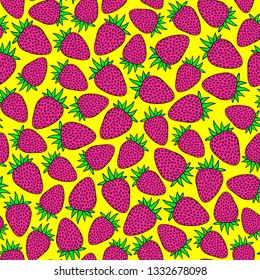Strawberries seamless pattern. Yellow background. 