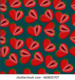 Strawberries seamless vector pattern with green background