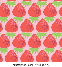 Strawberries seamless vector pattern on red on pink background. Vintage inspired fruit design for fabric, paper, packaging, home decor, kitchen, bar menu, summer party, farmers market, juice.