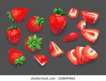 Strawberries set vector illustration. Berries and slice 
