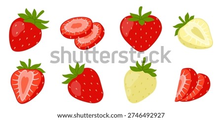 Strawberries set with whole and sliced berries. Collection of healthy fresh fruits. Flat vector illustration