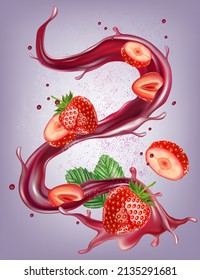 Strawberries smooth fruit Splashing of Tropical fruits on solid color background. Vector in 3D illustrations.