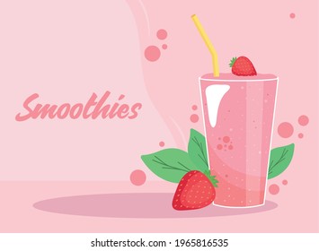 Strawberries Smoothie Glass With Straw