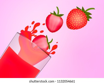 A lot of strawberries in the splash of juice in glassful. Strawberry smoothies. Vector illustration.