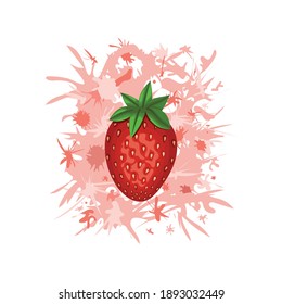 Strawberries in a splash of juice. A multi-colored image of berries, spots and splashes on a white background. No gradients or effects were used. Close-up. Decor element. Vector illustration.