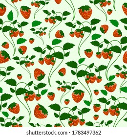 las fresas con tallo y hojas se organizan al azar sobre un fondo verde claro. patrón sin costuras de berry. vector
