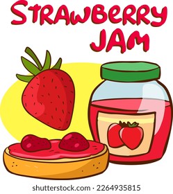 Strawberries, strawberry jam and a sandwich cartoon vector