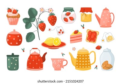 Strawberries, tea, cups, teapot, lemons, cookies, strawberry desserts - cupcake, toast, jam. Summer vitamins. Cake and jam with fresh fruit. Nutrition and dieting, menu special. Vector in flat