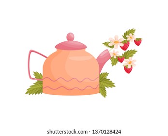 Strawberries in teapot. Flowers and berries concept.
