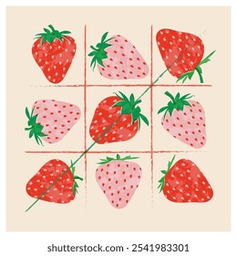 Strawberries tic tac toe colorful wallpaper print background. Fruit illustration isolated on background. Greeting card background with strawberries for your design