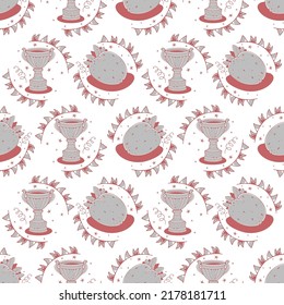 Strawberries and Trophy cup. Seamless pattern on a white background. Vector