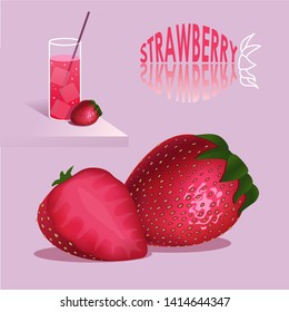 
strawberries in vector. strawberry drink, lemonade, shake. logo. juicy fruits, berries in pink and red colors.