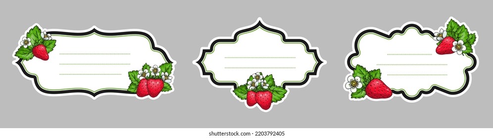 Strawberries vintage labels with realistic handdrawn berries flowers leaves. Strawberry frames with space for text. Farmers market eco product badge. Sticker for jam marmalade juice cocktail fresh