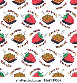 Fresas y gofres. Patrón sin brillo en un fondo blanco. Ilustración vectorial de corte.