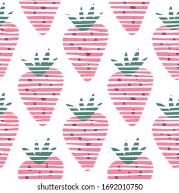 Strawberries wallpaper. Sweet berries backdrop. Doodle strawberry seamless pattern on white background. Design for fabric, textile print, wrapping paper, kitchen textiles. Vector illustration