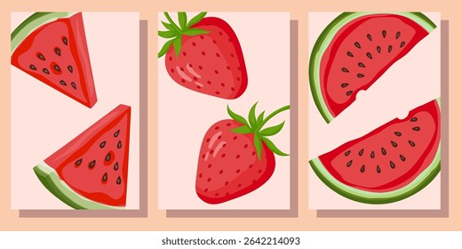 Strawberries and watermelon. Watermelon slices, berries, modern art. Abstract vector illustration. Background for posters, wall art, flyer, banner, greeting card