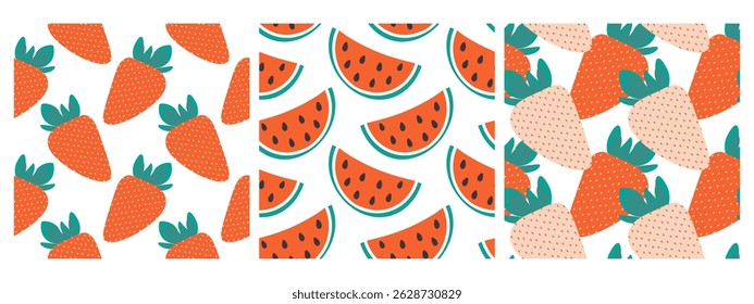 Strawberries and watermelon slices with seeds Summer Colorful Fruit Seamless Pattern design idea Set
