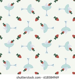 Strawberries with whipped cream. Dessert. Vector. Seamless background.
