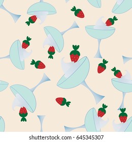 Strawberries with whipped cream. Dessert. Vector. Seamless background.