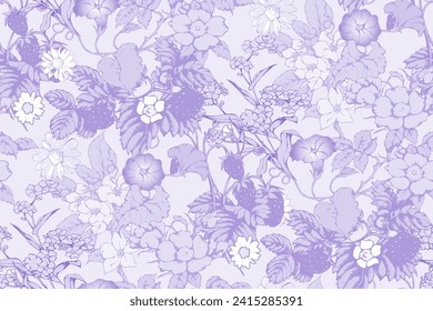 Strawberries and wildflowers. Seamless pattern. Suitable for fabric, wrapping paper and the like.