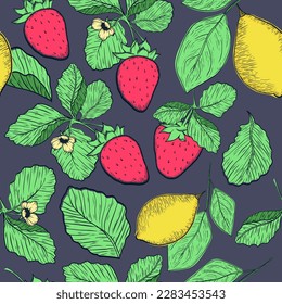 strawberries and yellow lemon seamless pattern on dark background. hand drawn pattern. fruit illustration.