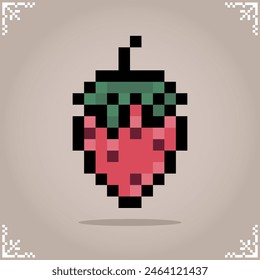 Strawberry in 8 bit pixel art. Fruit pixels for game assets in vector illustration.