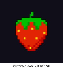 Strawberry 8-bit icon, Strawberry pixel item for game interface, Strawberry game element resource.