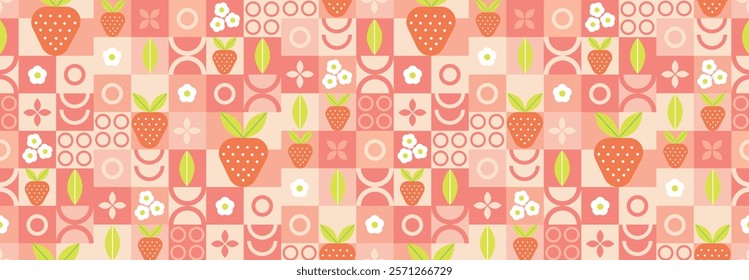 Strawberry abstract geometric pattern in bauhaus and minimalism style. Natural organic shapes of plants and berries, eco farming. Designer fabric, card, wrapping paper, cover.