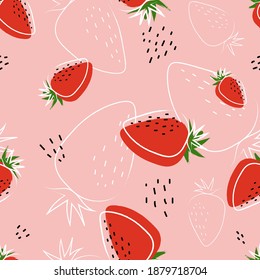 Strawberry abstract hand drawn  seamless pattern on pink background for typography, textiles or packaging design